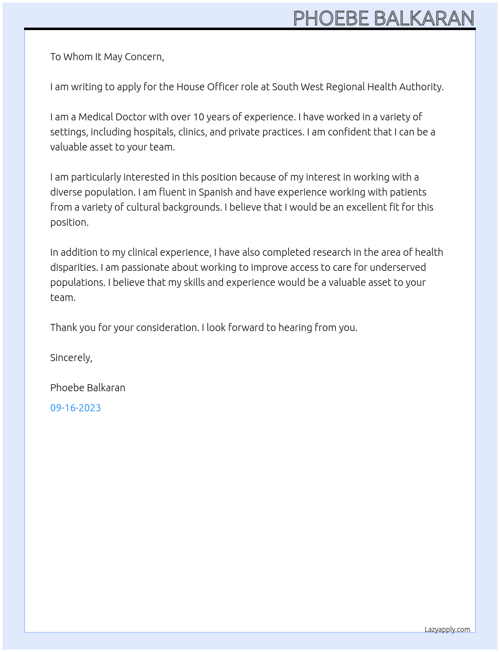 Medical Doctor At South West Regional Health Authority Cover Letter