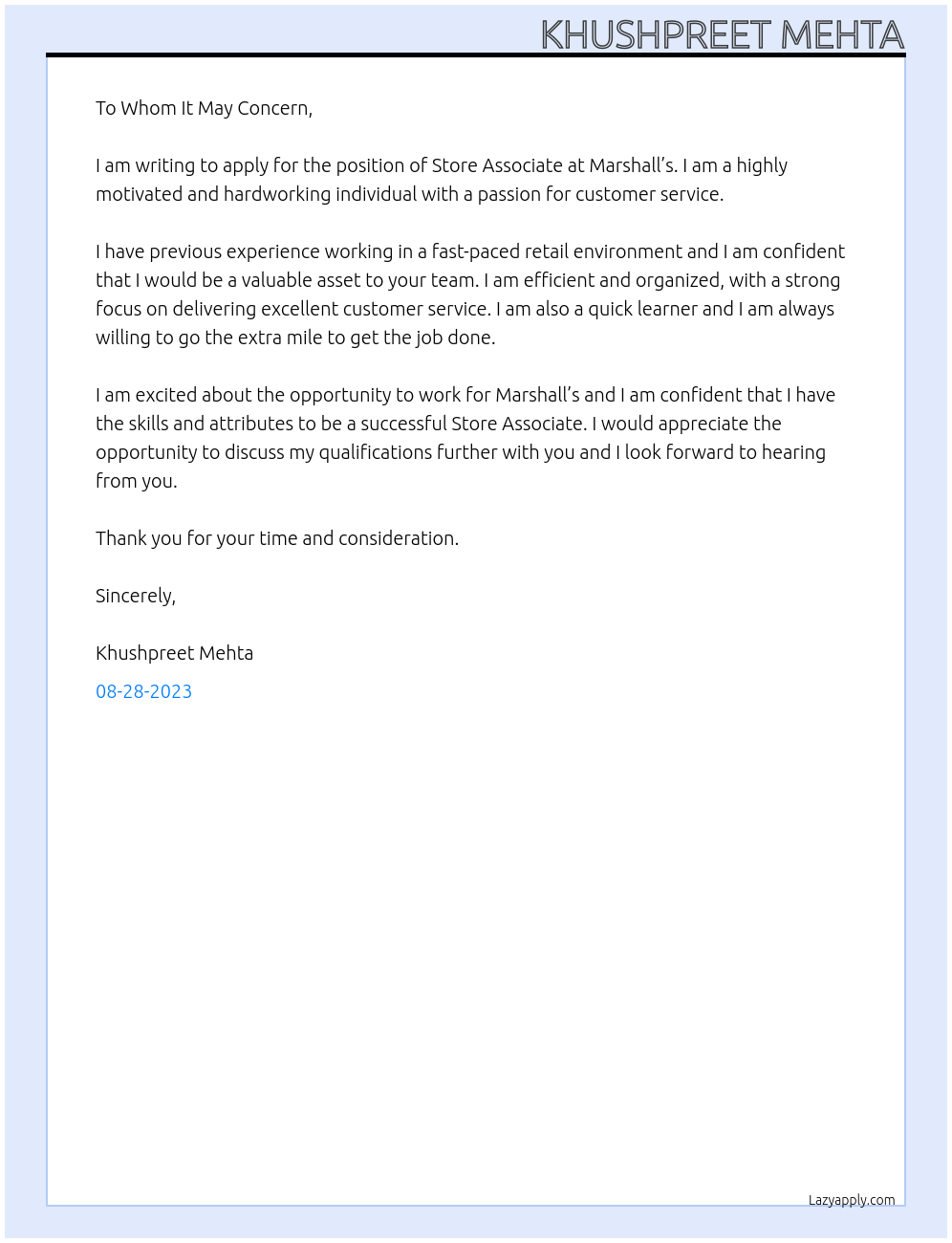 Store Associate At Marshall’s Cover Letter