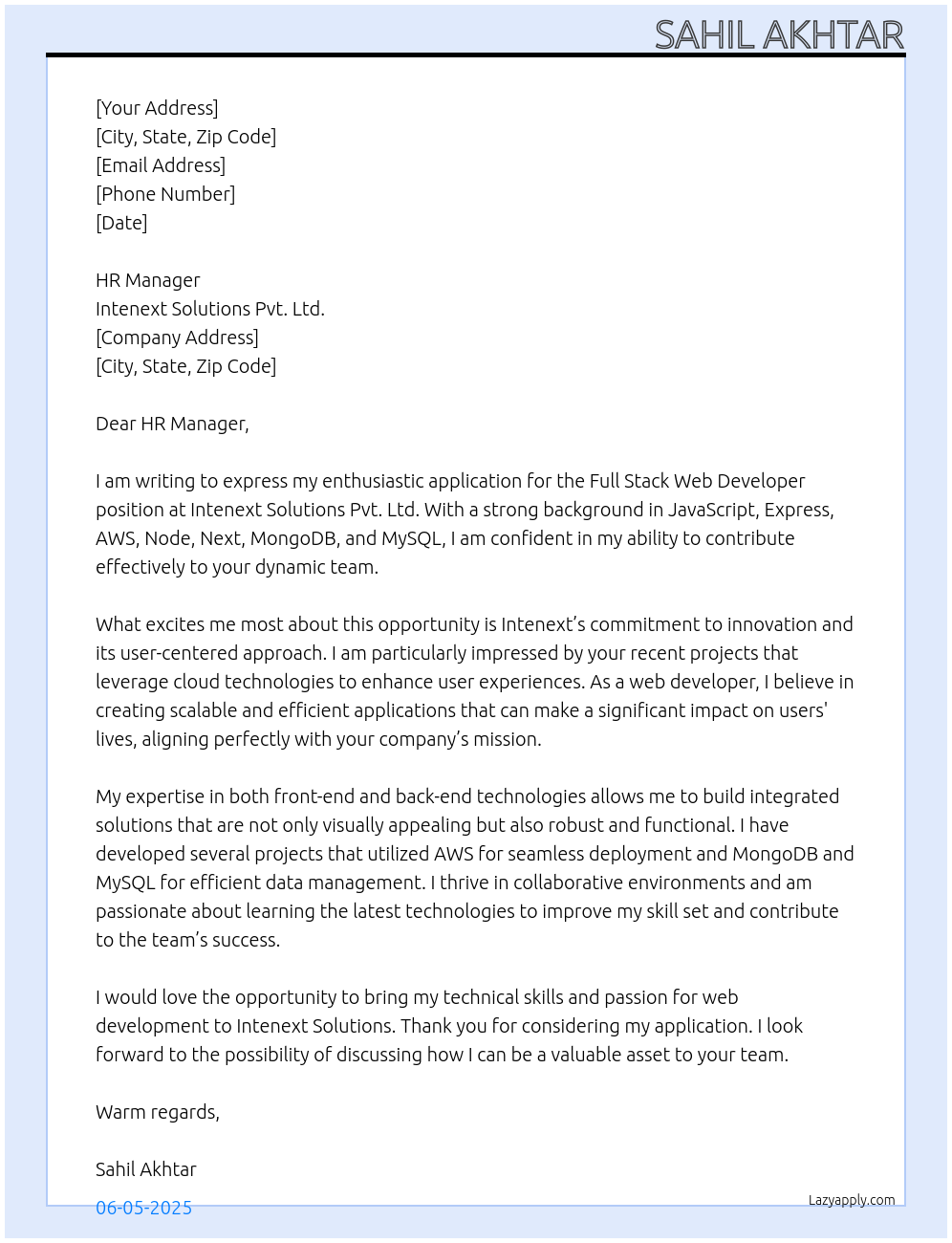 Cover letter for full stack web developer - LazyApply