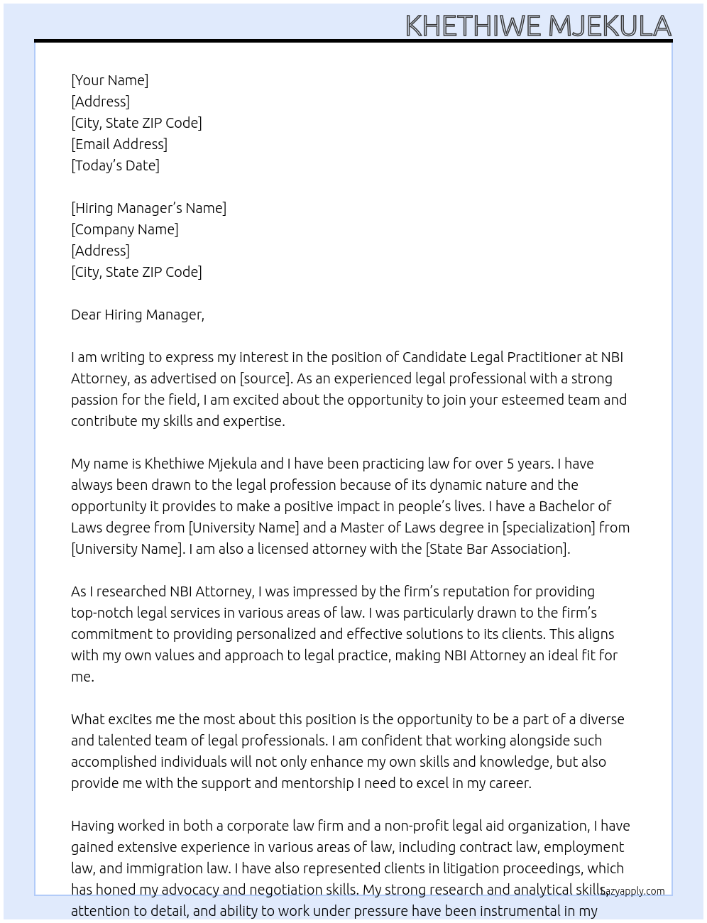 Candidate Legal Practitioner At NBI Attorney  Cover Letter