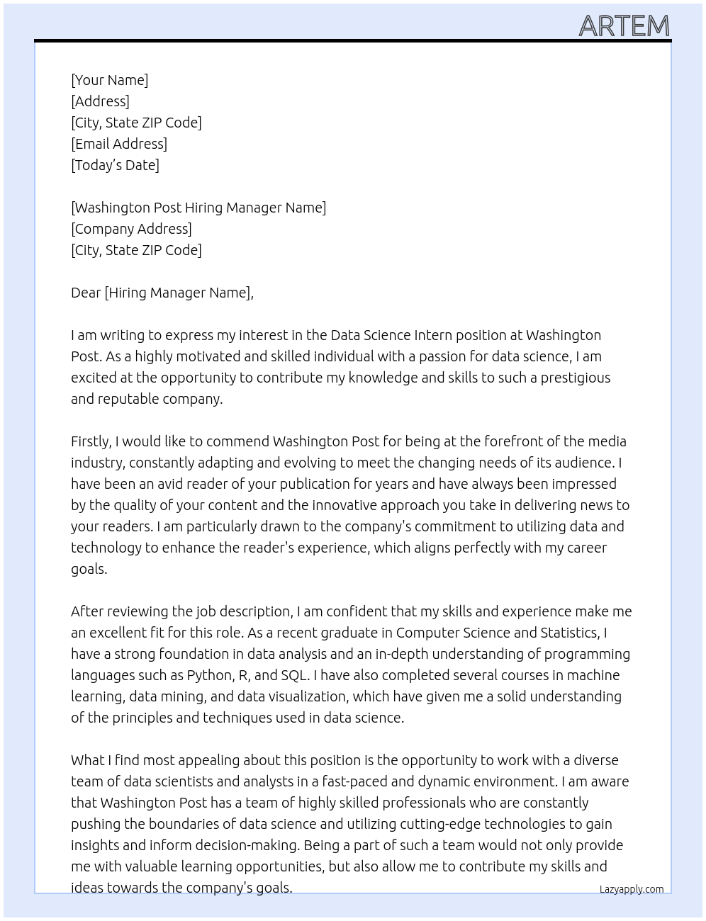 Data Science Intern At Washington Post Cover Letter