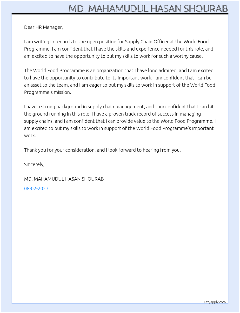 Supply Chain Officer At World Food Programme Cover Letter