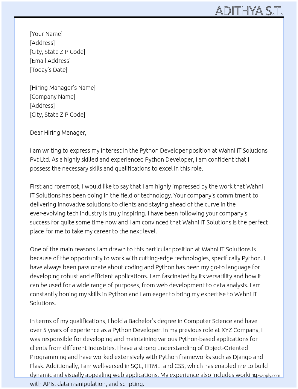 Python Developer At Wahni IT Solutions Pvt Ltd Cover Letter