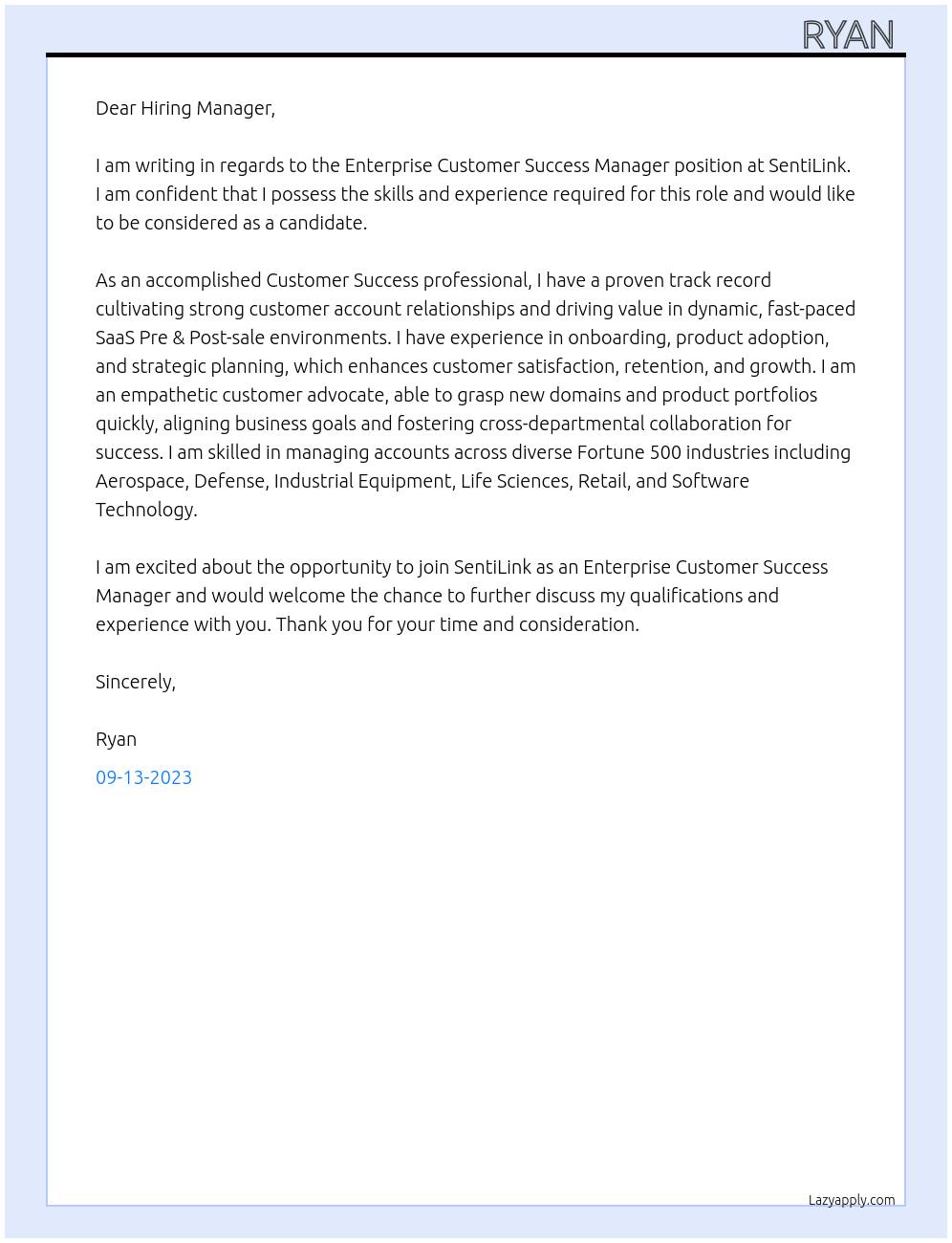 Enterprise Customer Success Manager At SentiLink Cover Letter