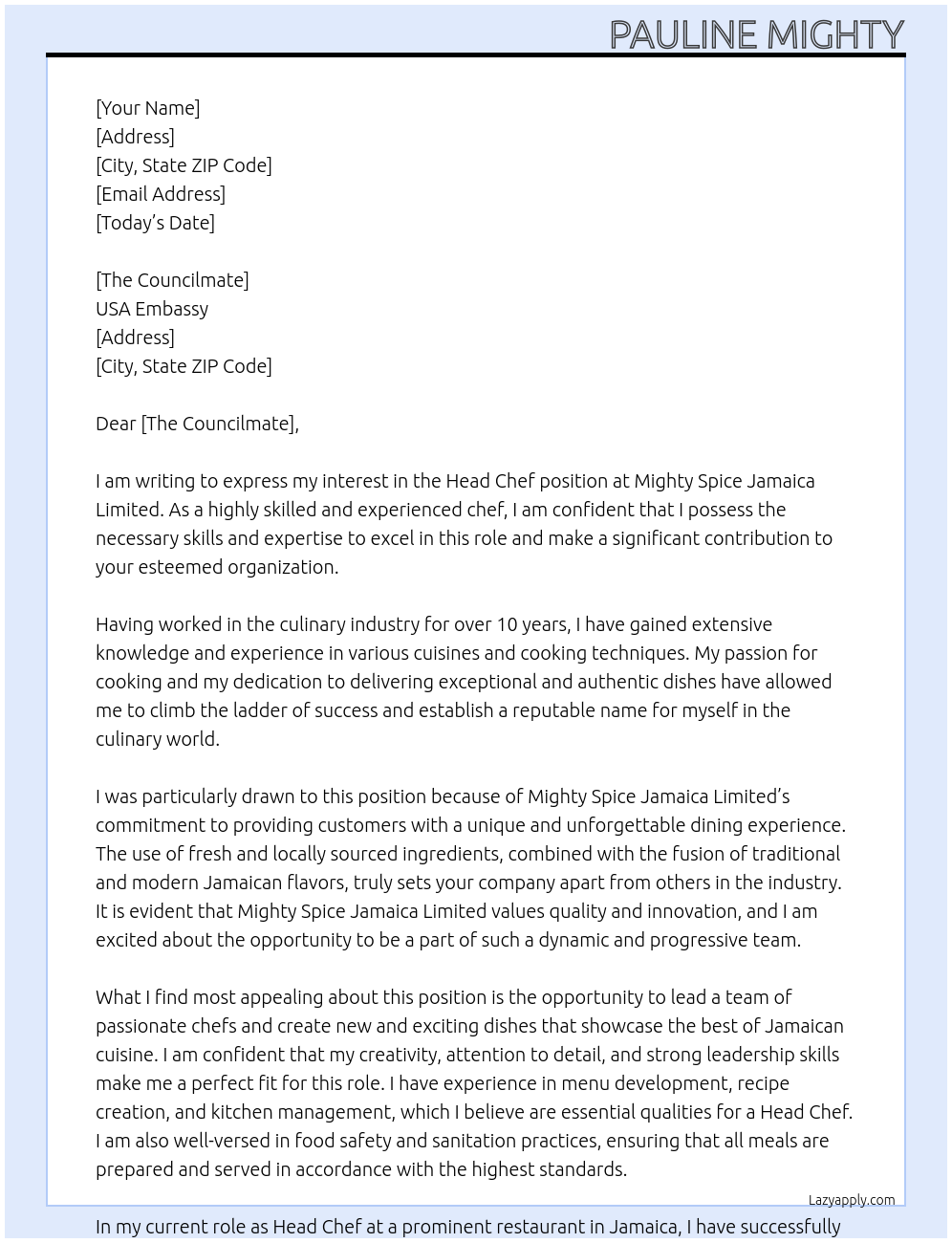Head Chef At Mighty Spice Jamaica Limited Cover Letter
