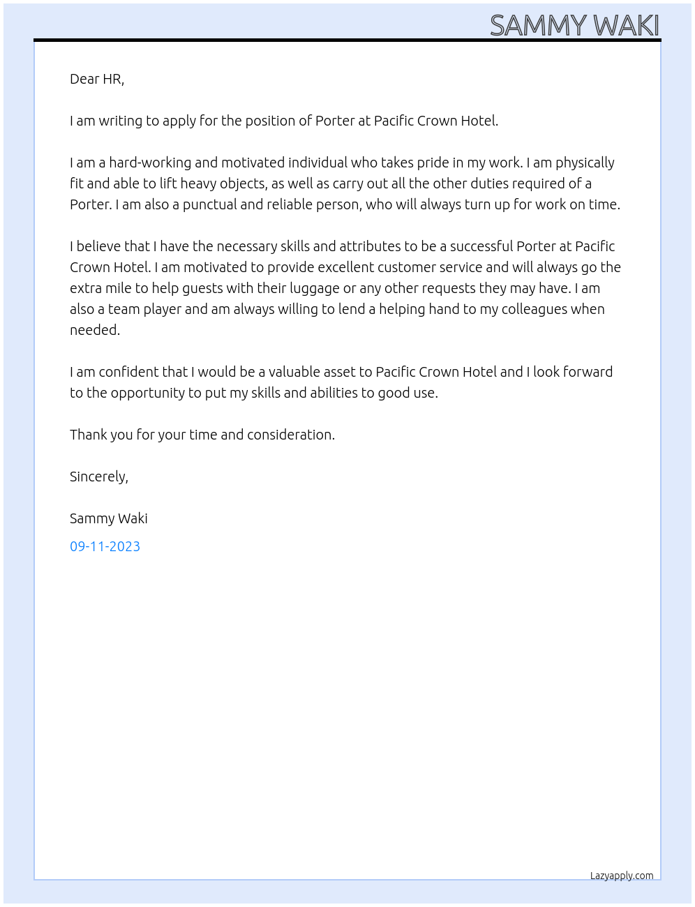 Porter  At Pacific Crown Hotel  Cover Letter