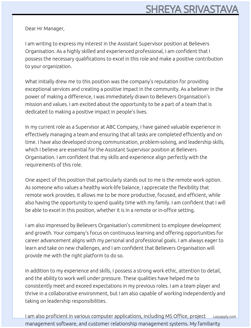 Assistant Supervisor At Believers Organisation Cover Letter