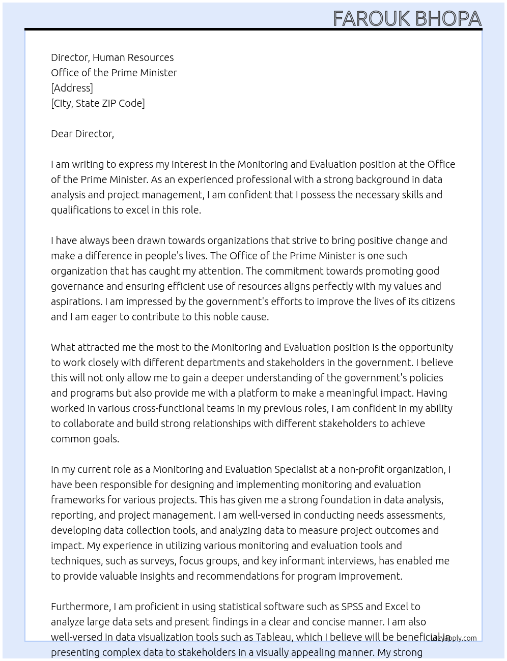 Monitoring and Evaluation At Office of the prime Minister Cover Letter