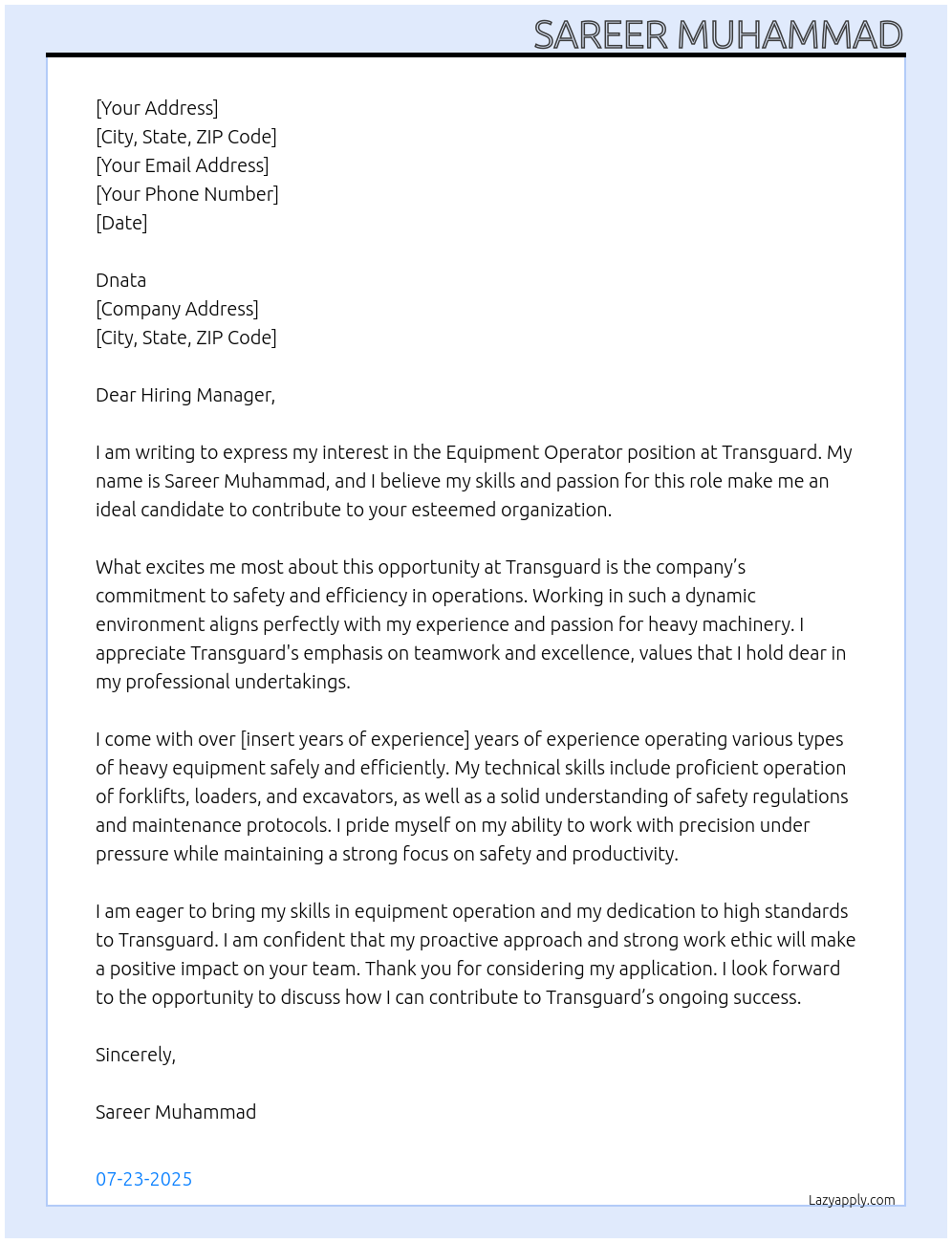 Equipment operator At Transguard Cover Letter