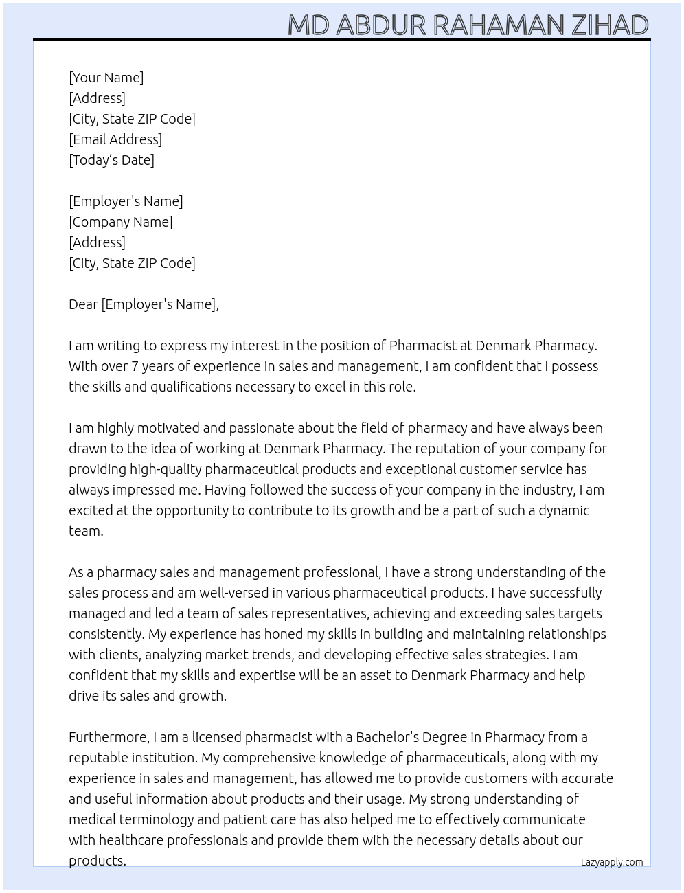 Pharmacist At Denmark Pharmacy Cover Letter