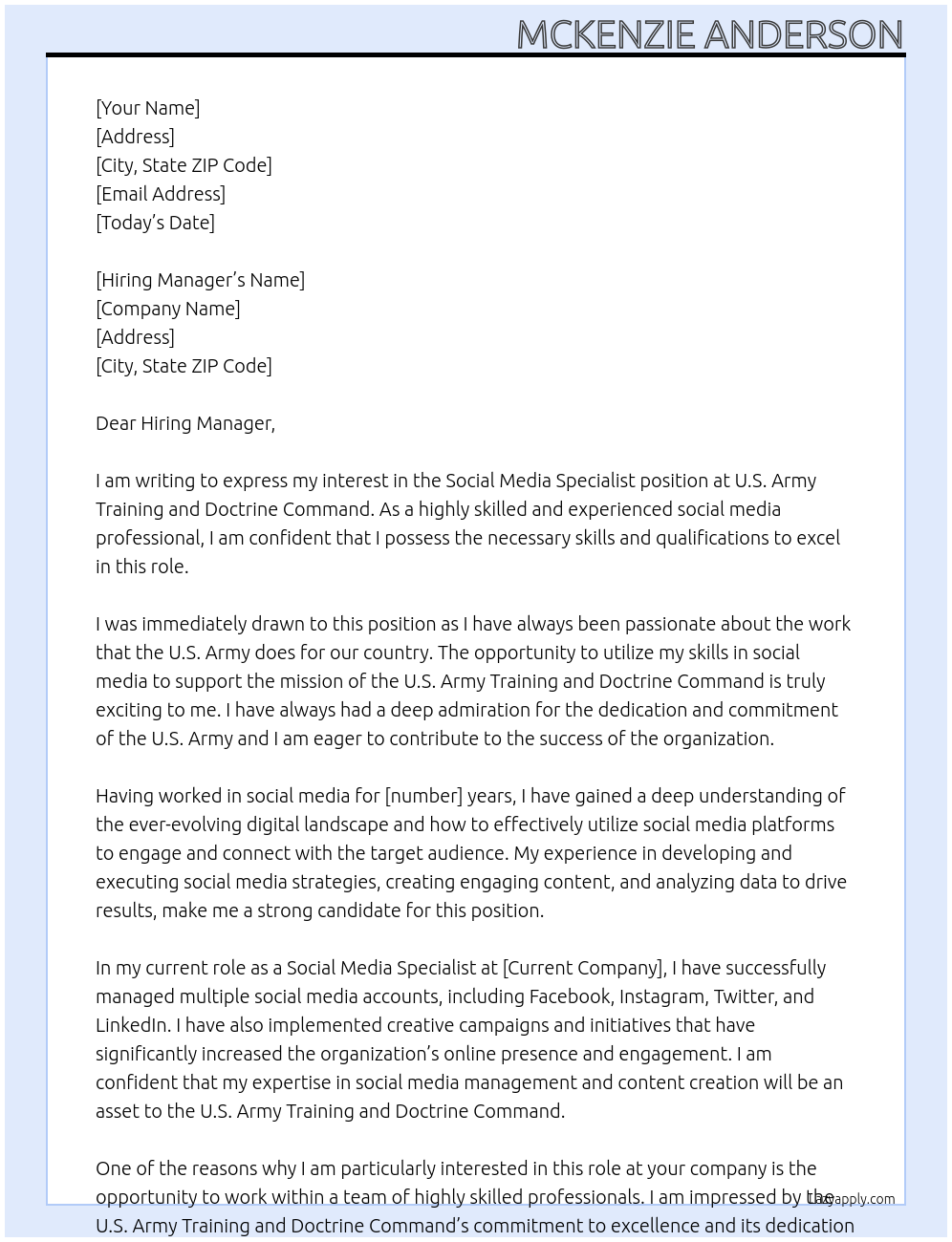 Social Media Specialist At U.S. Army Training and Doctrine Command Cover Letter
