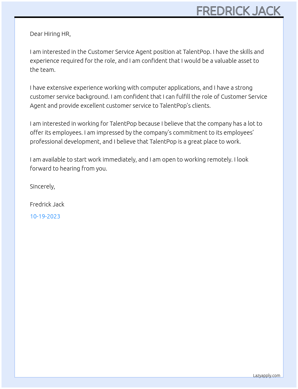 Customer Service Agent  At TalentPop Cover Letter