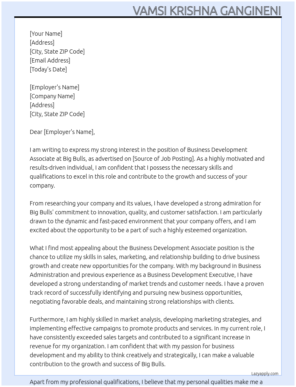 Business Development Associate At Big Bulls Cover Letter