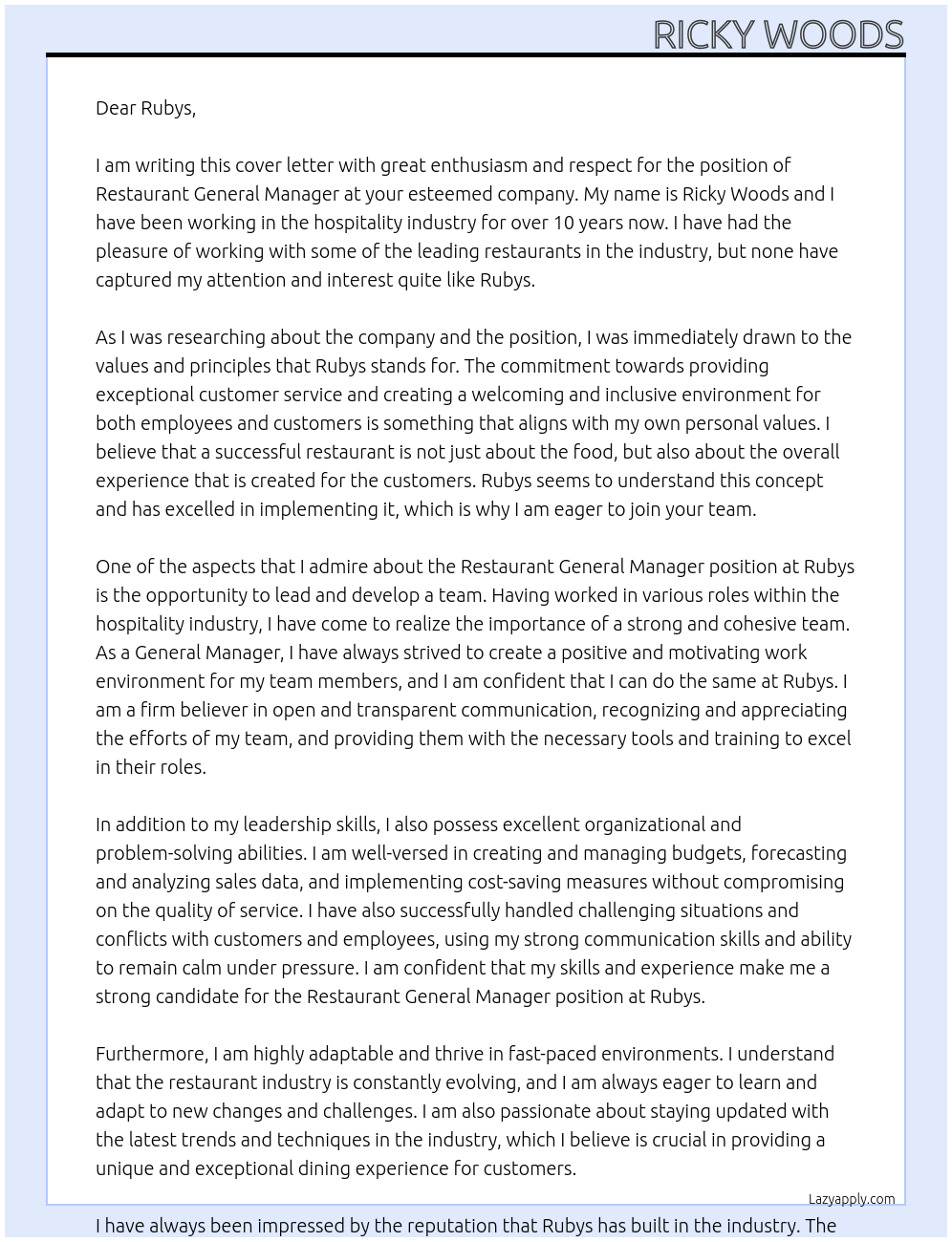 Restaurant General Manager At Rubys Cover Letter