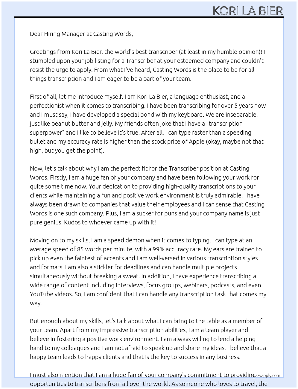 Transcriber At Casting Words Cover Letter