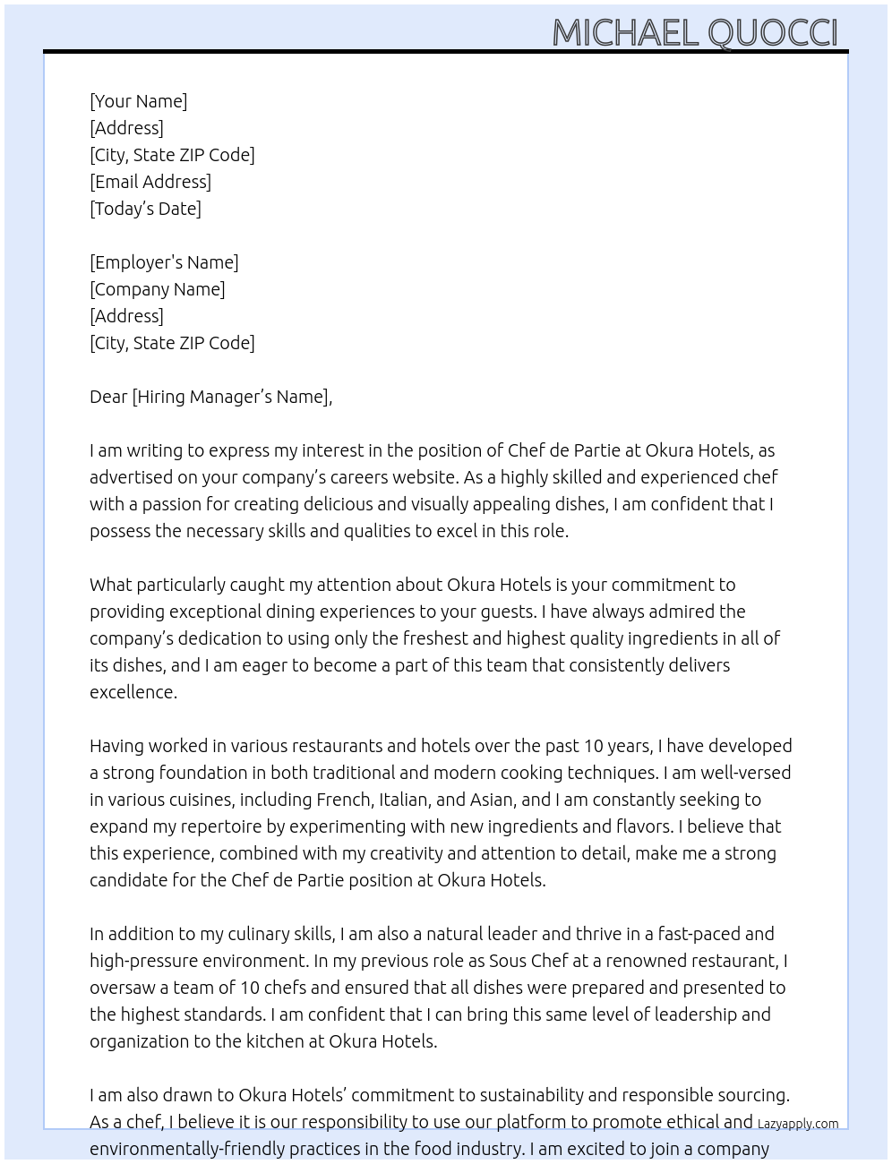 Chef de partie At Okura Hotels Cover Letter