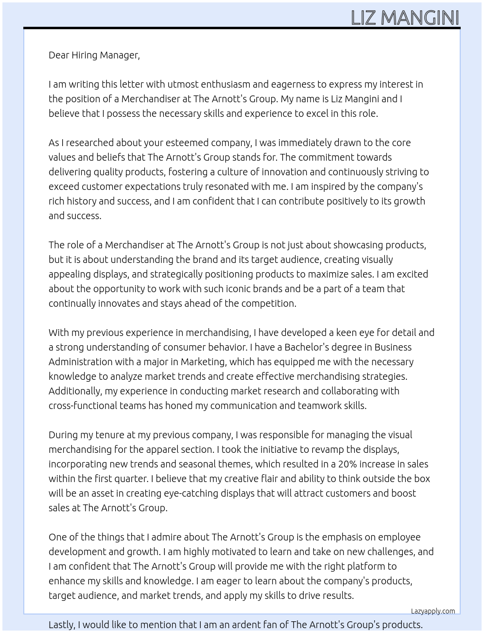 Merchandiser At The Arnott's Group Cover Letter