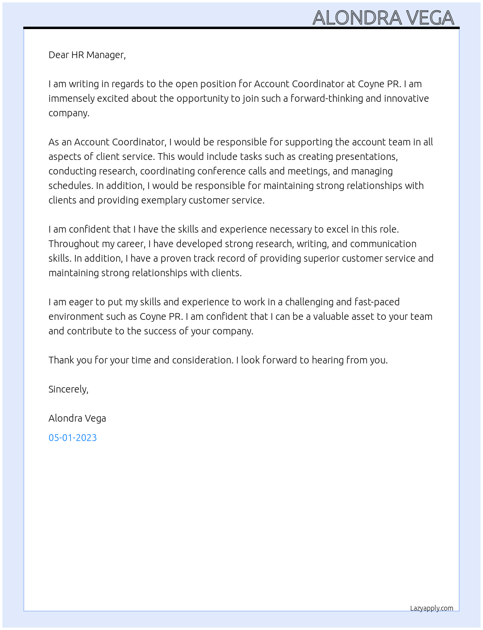 Account Coordinator At Coyne PR Cover Letter