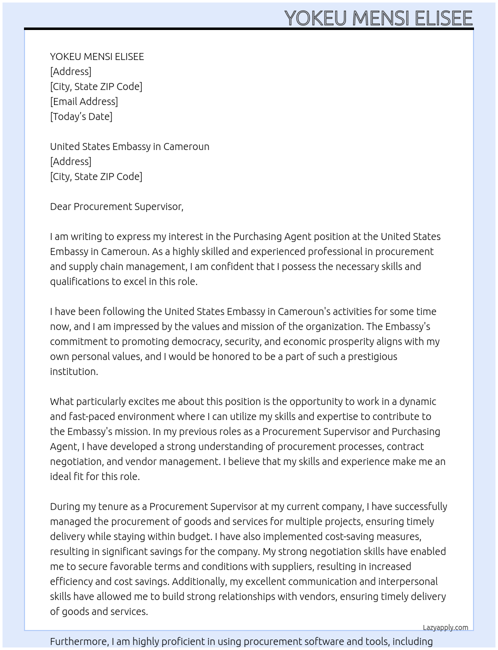 Purchasing Agent At United States Embassy in Cameroun Cover Letter