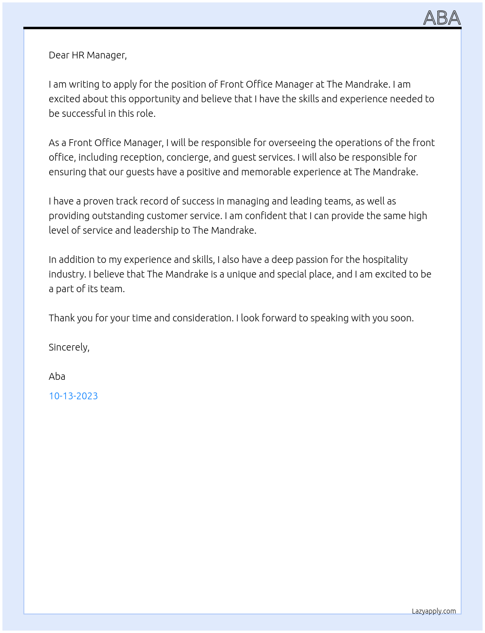 front office manager At the mandrake Cover Letter