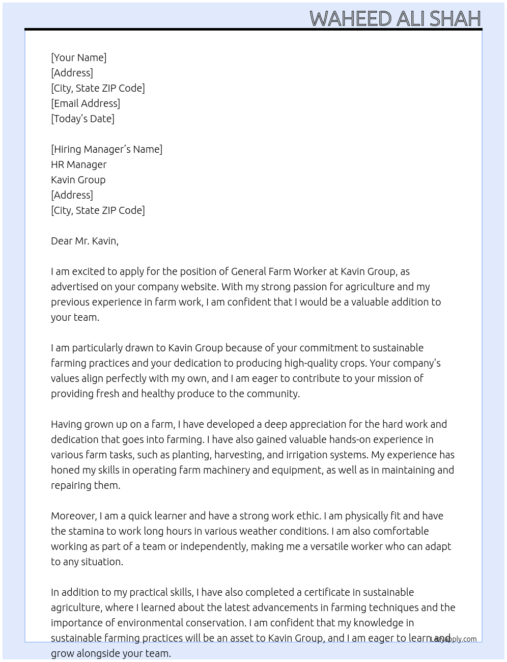 General Farm Worker At Kavin Group Cover Letter