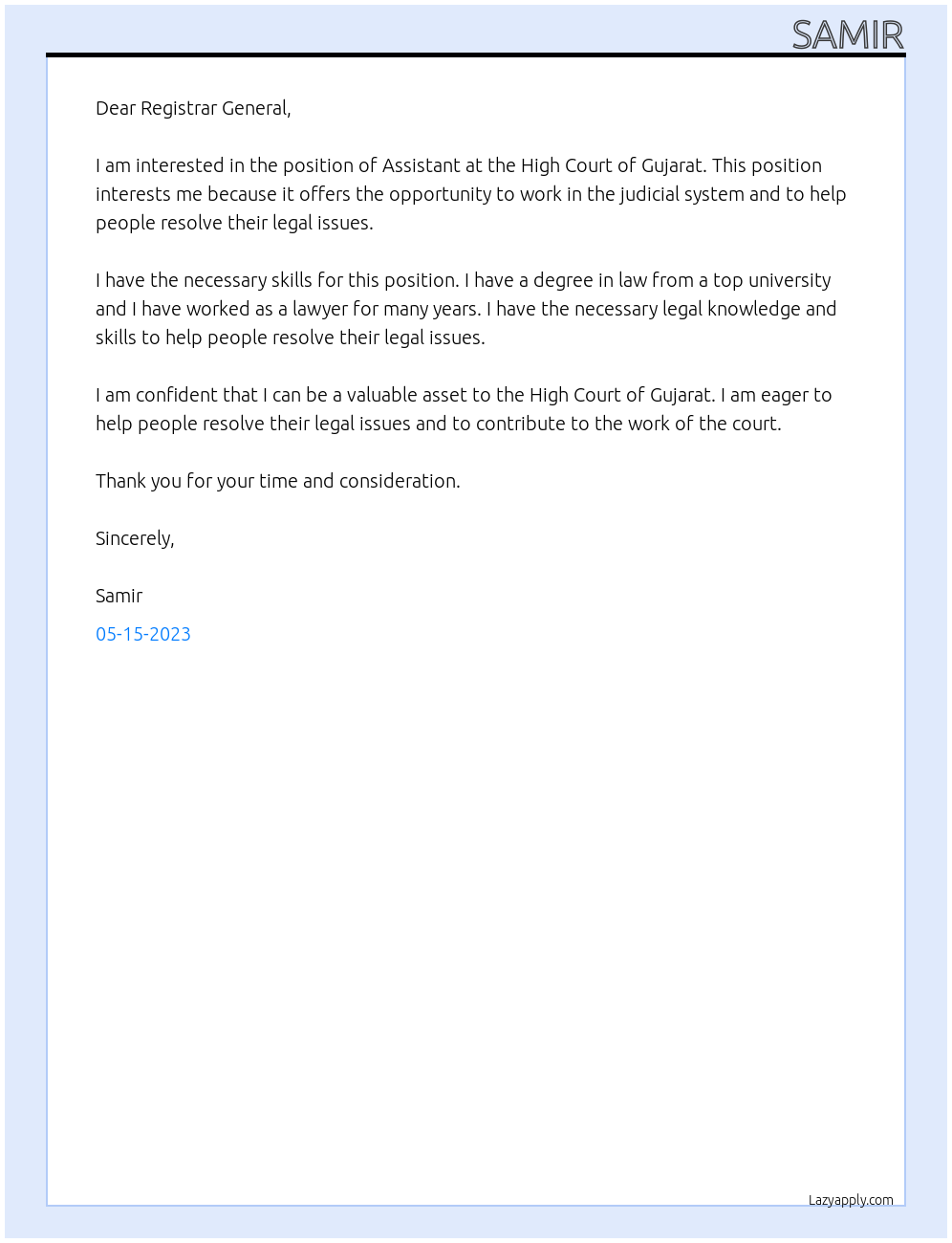 Assistant At Judicial Department Cover Letter