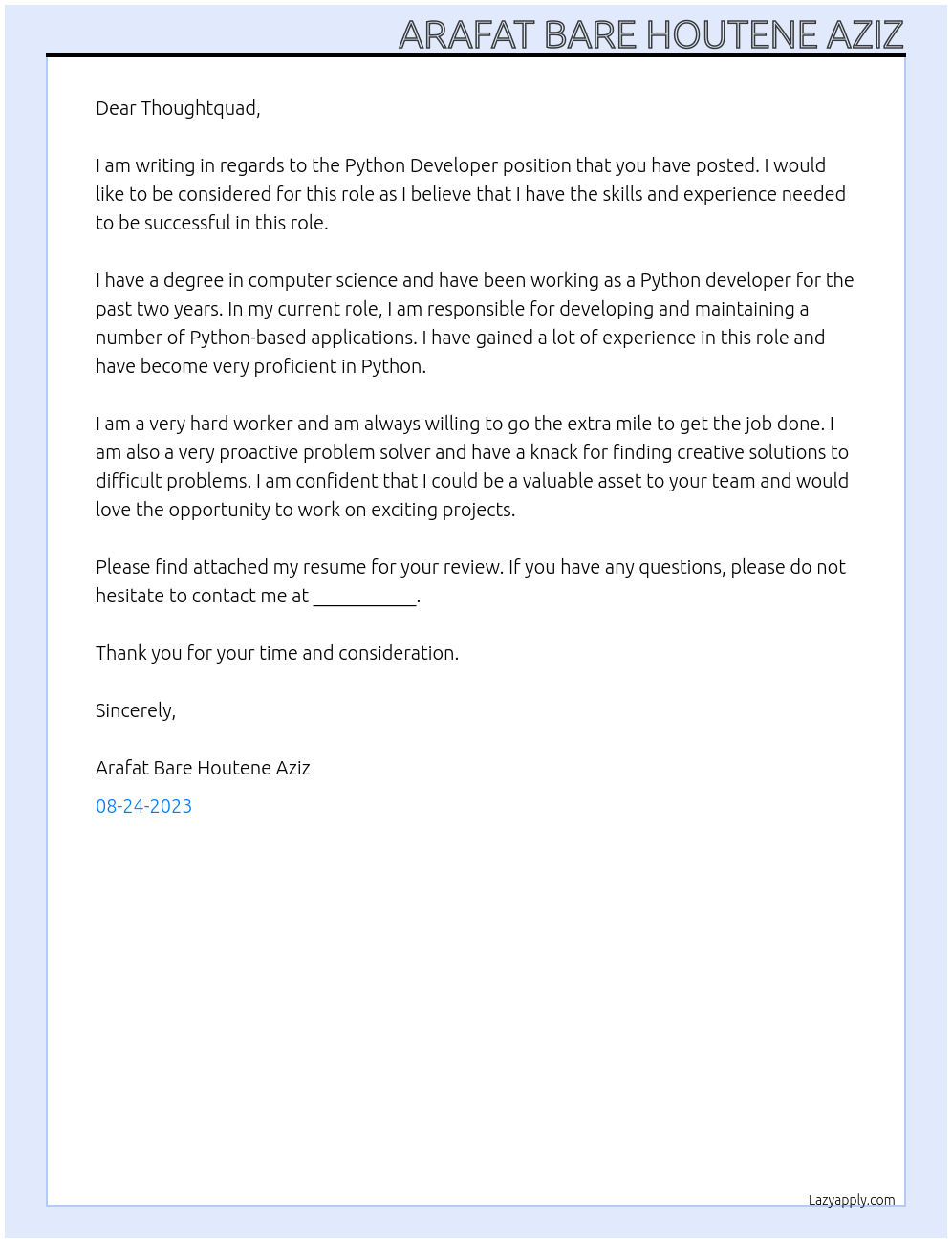 Python Developer At Thoughtquad Cover Letter
