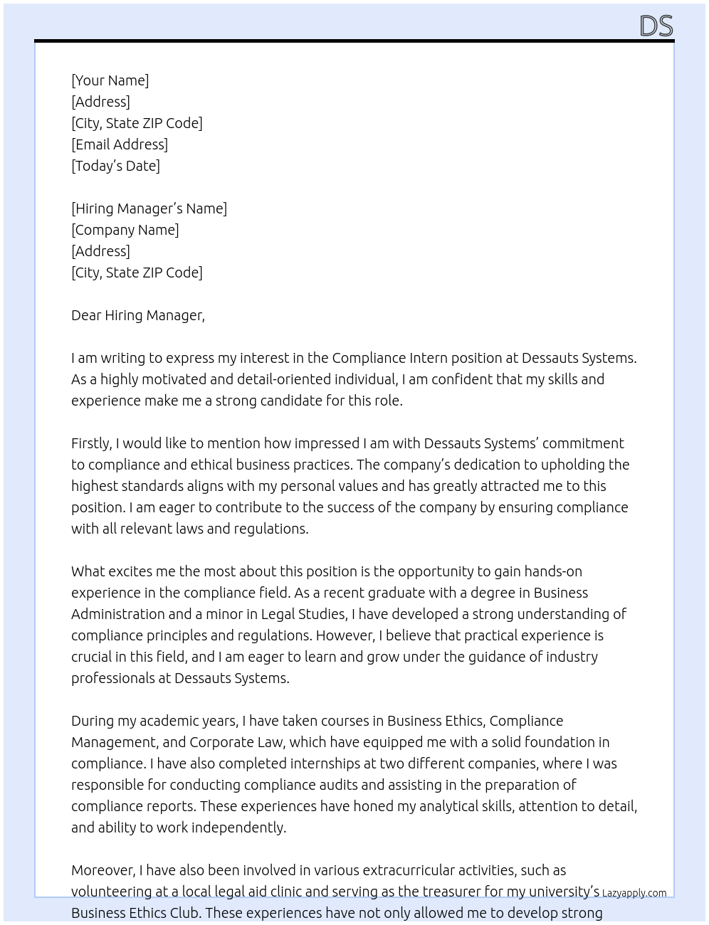 Compliance Intern At dessauts systems Cover Letter