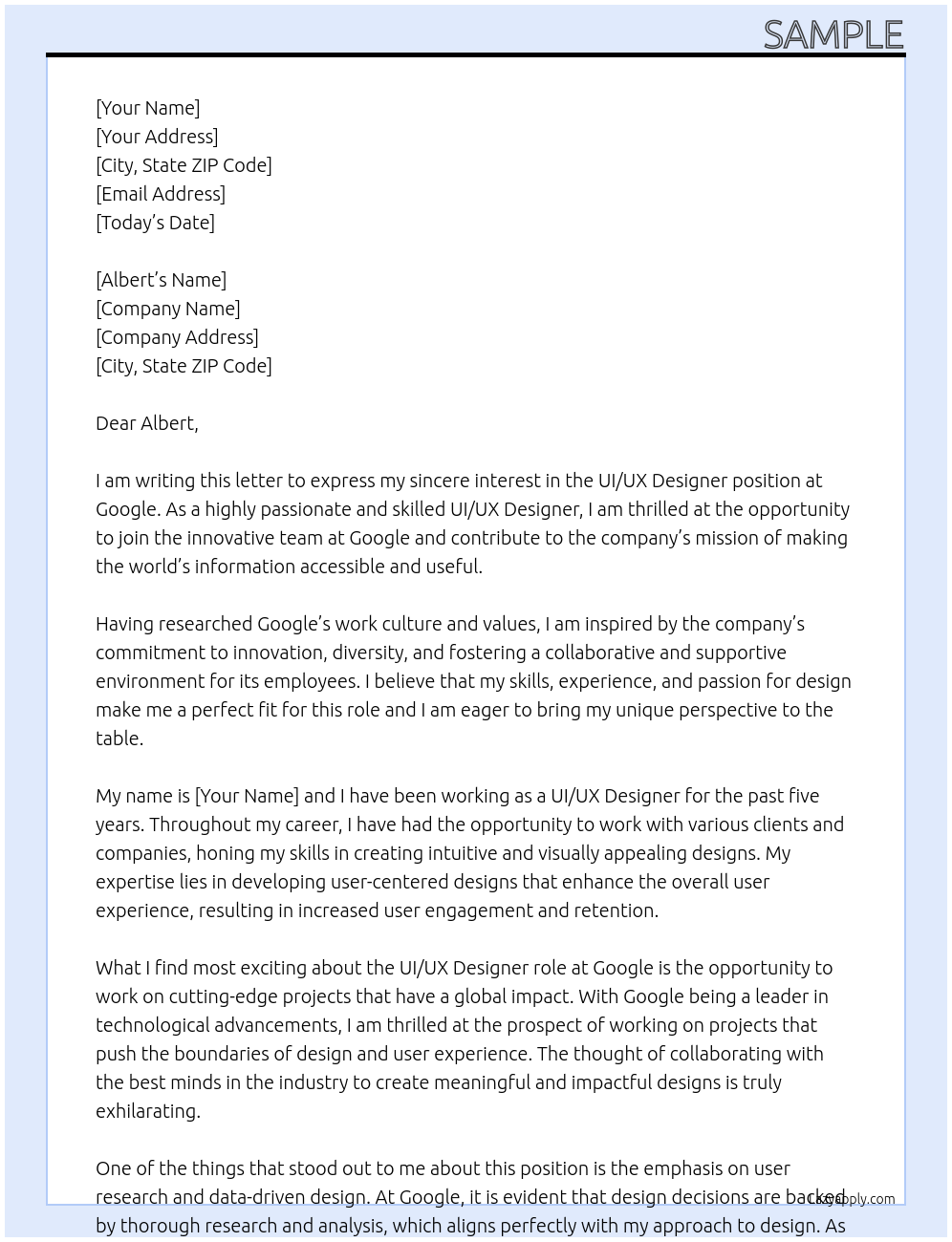 UI/UX Designer At google Cover Letter