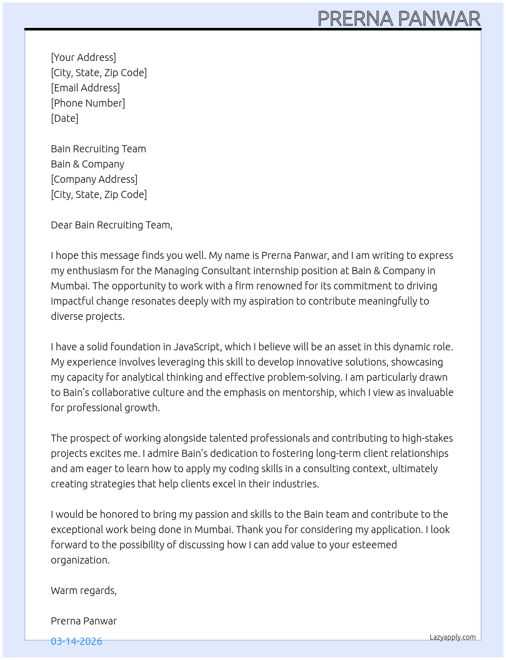 MANAGING CONSULTANT At bain and company Cover Letter