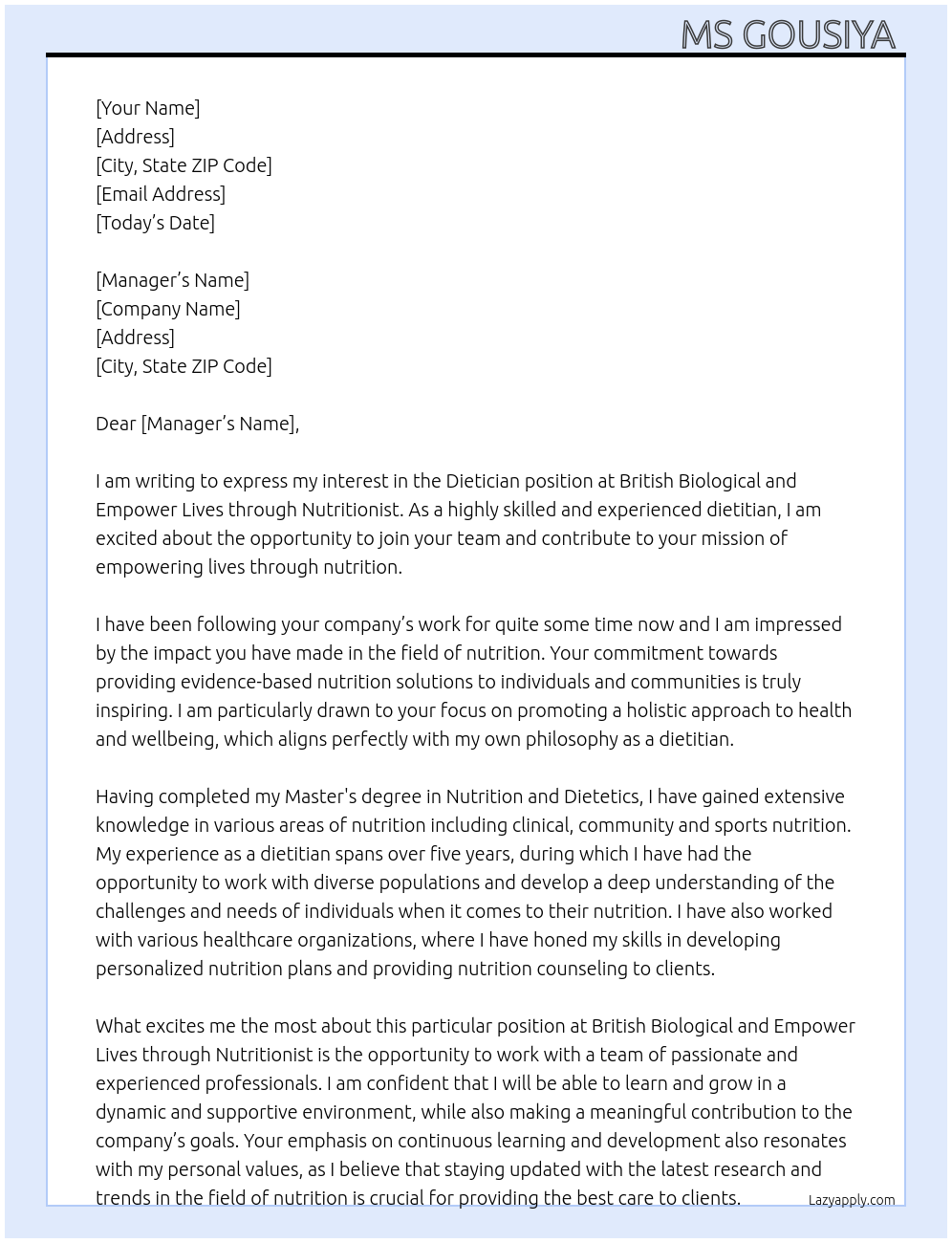 Dietician  At British biological and empower lives through nutritionist  Cover Letter