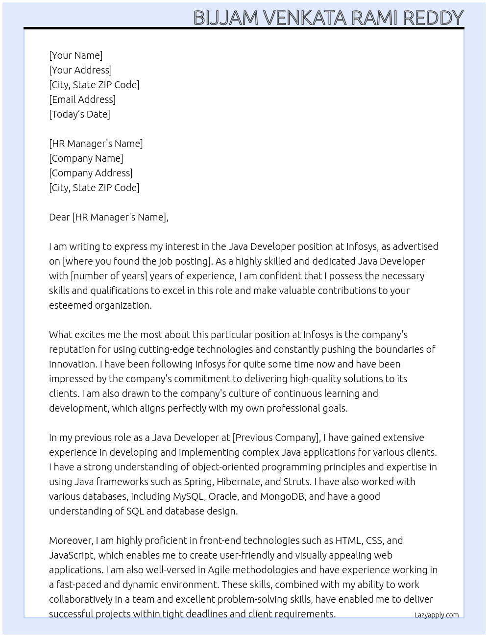 Java Developer At Infosys Cover Letter