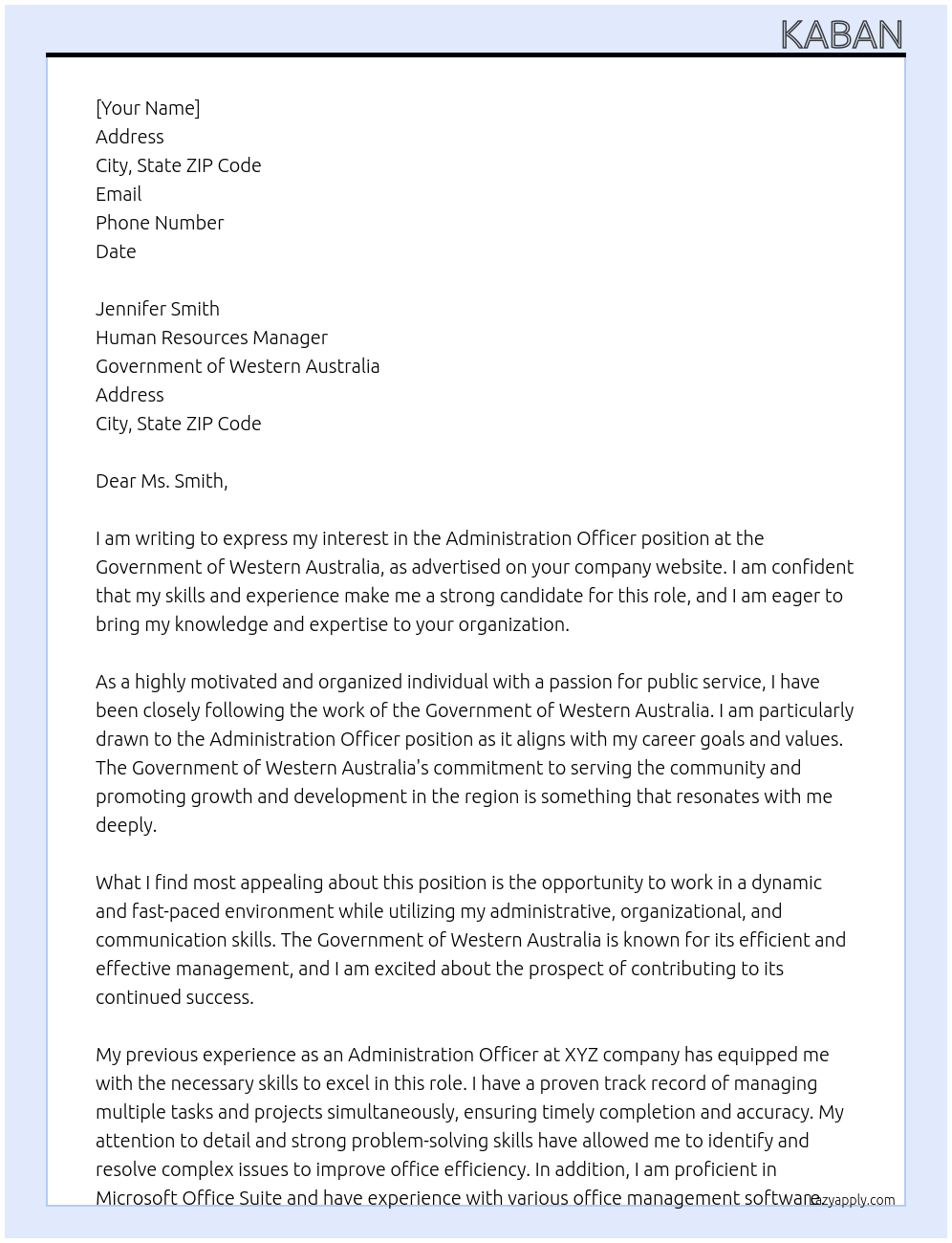 Administration Officer At Government of Western Australia Cover Letter