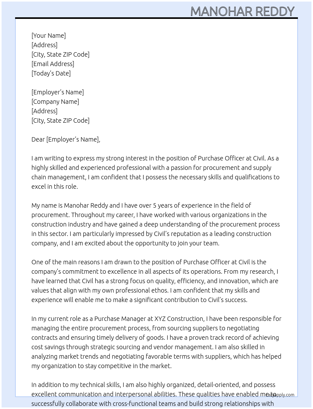 purchase officer At civil  Cover Letter