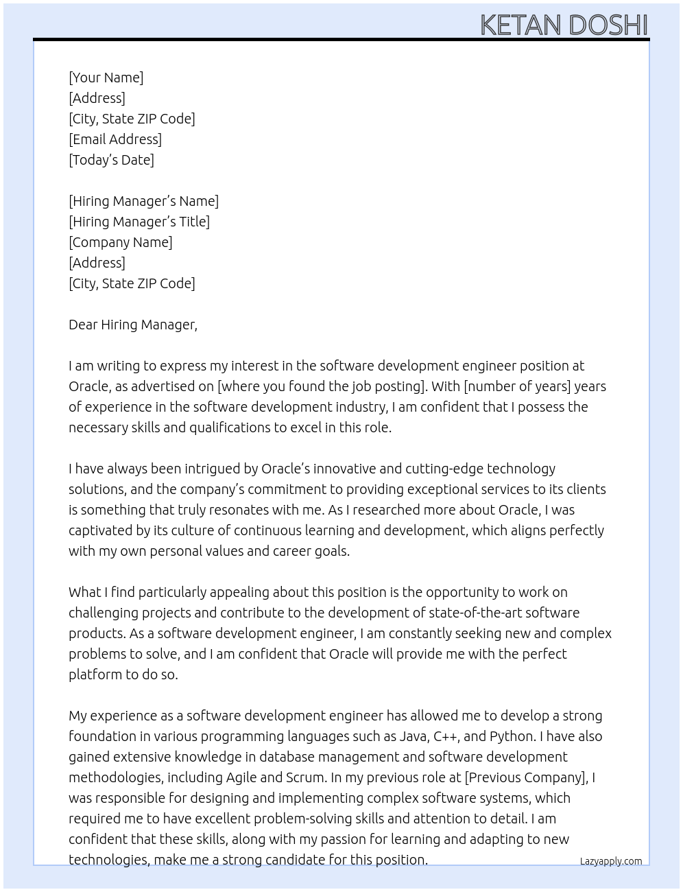 Software development engineer At Oracle Cover Letter