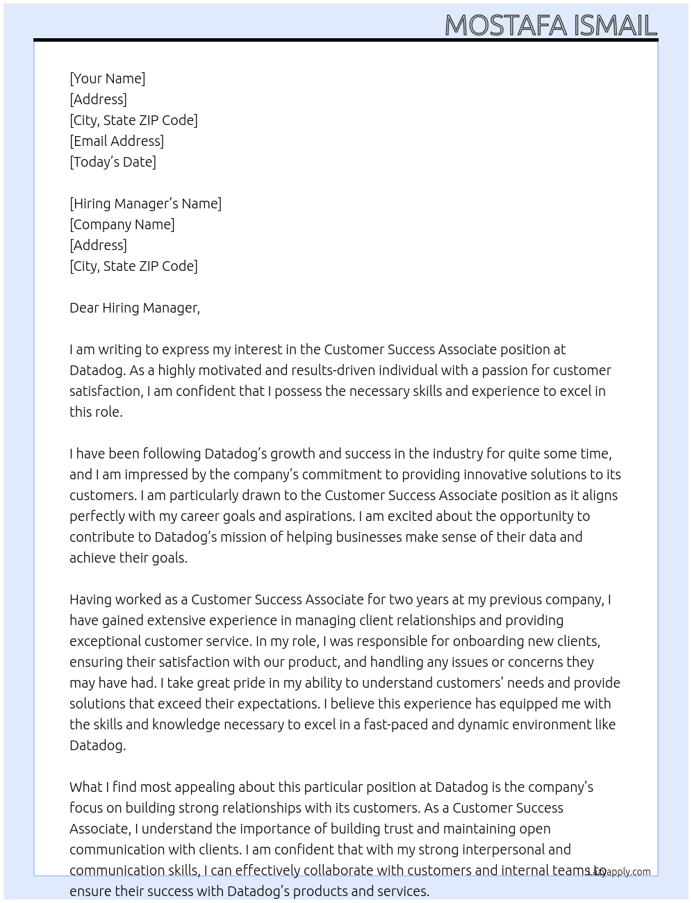 Customer Success Associate  At Datadog Cover Letter