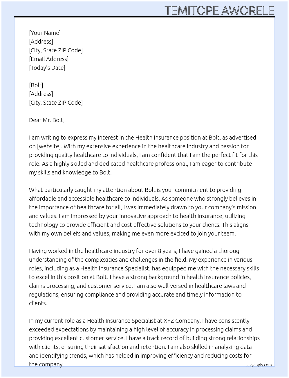 Health Insurance, salary advance At Bolt Cover Letter
