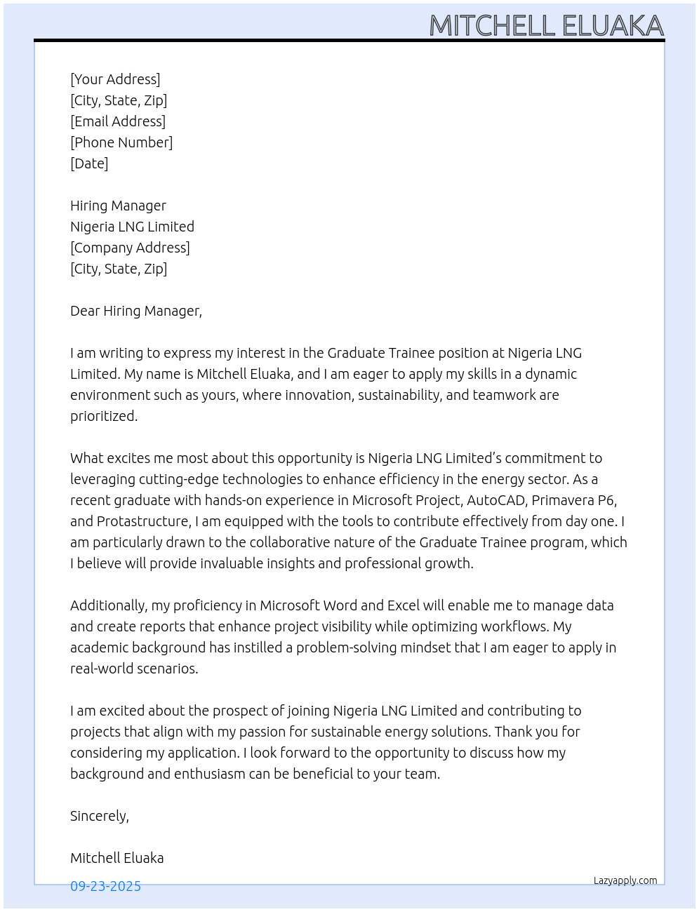 Graduate Trainee At Nigeria LNG Limited Cover Letter