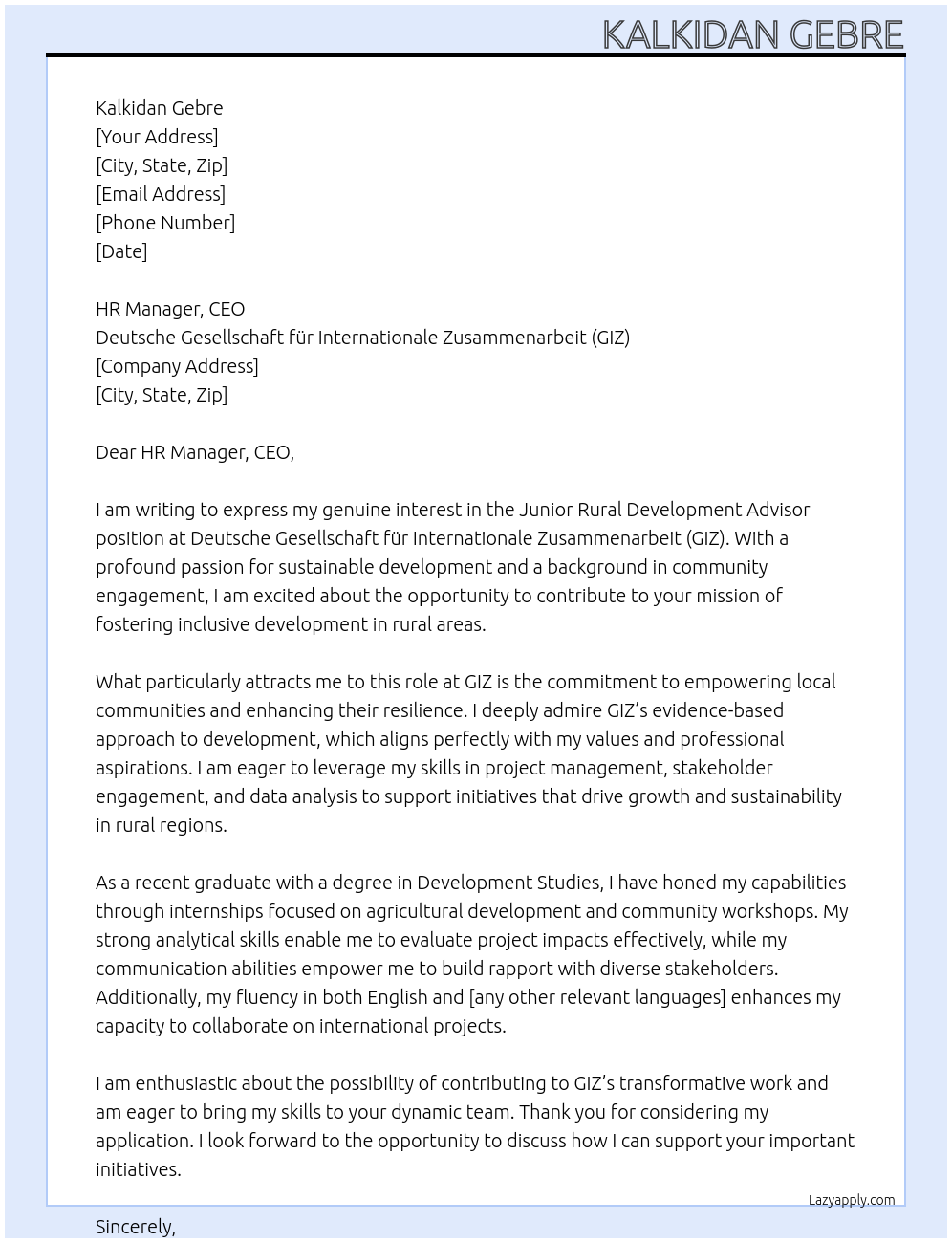 Junior Rural Development Advisor At Deutsche Gesellschaft fur International  Cover Letter