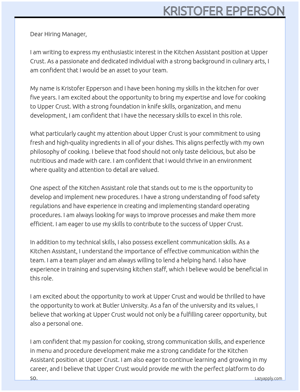 Kitchen Assistant At Upper Crust Cover Letter