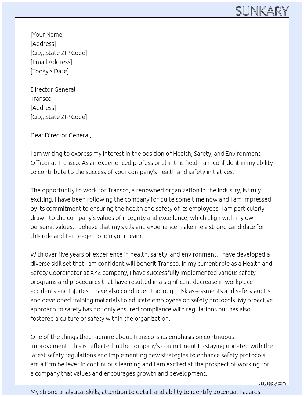 health, safety and environment officer At Transco Cover Letter