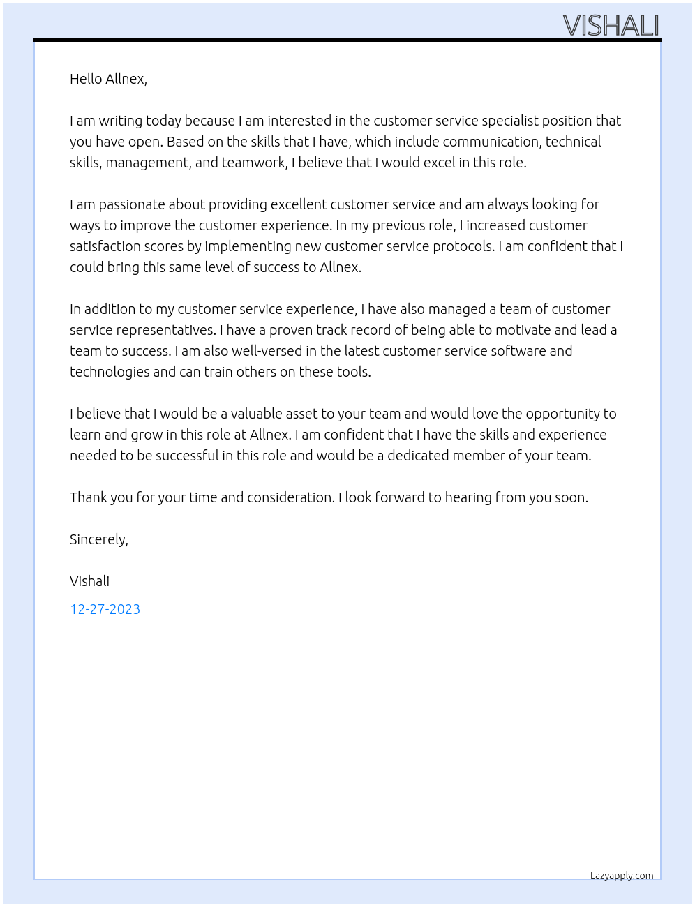 Customer service specialist At Allnex Cover Letter