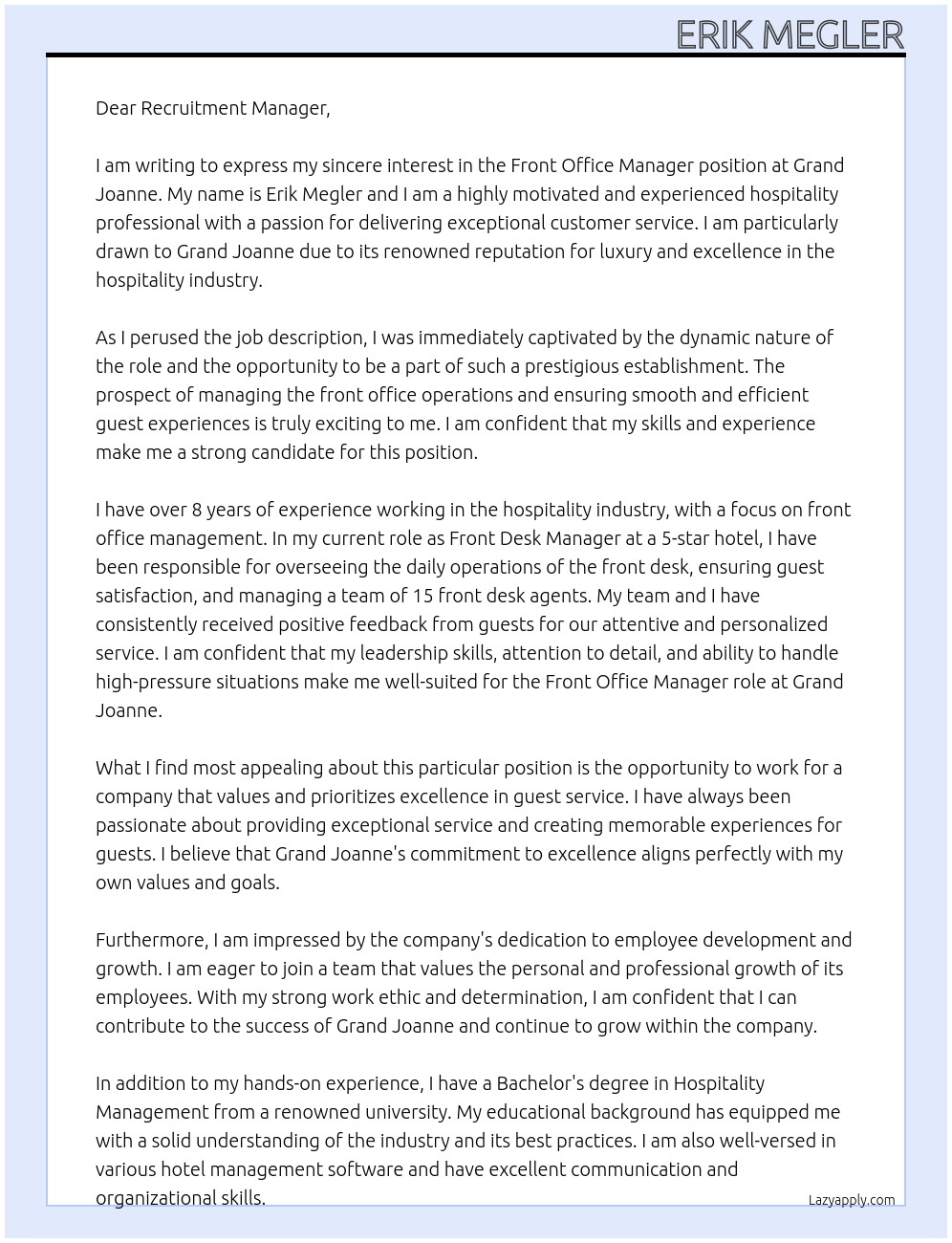 Front Office Manager At Grand Joanne Cover Letter