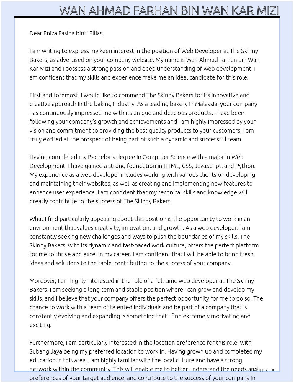 Web Developer At The Skinny Bakers Cover Letter