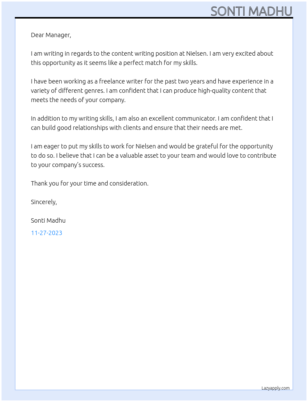 Content writing At Nielsen Cover Letter