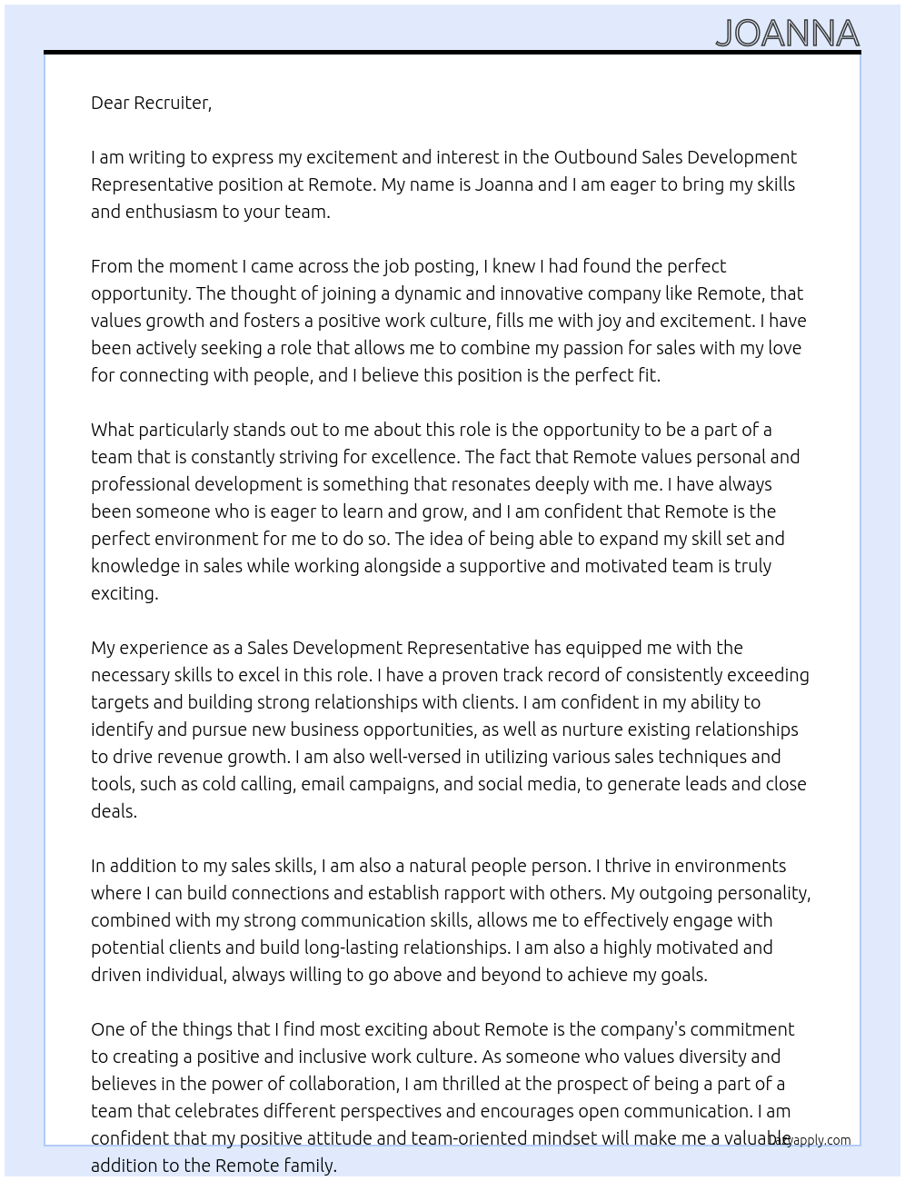 Outbound Sales Development Representative At remote Cover Letter