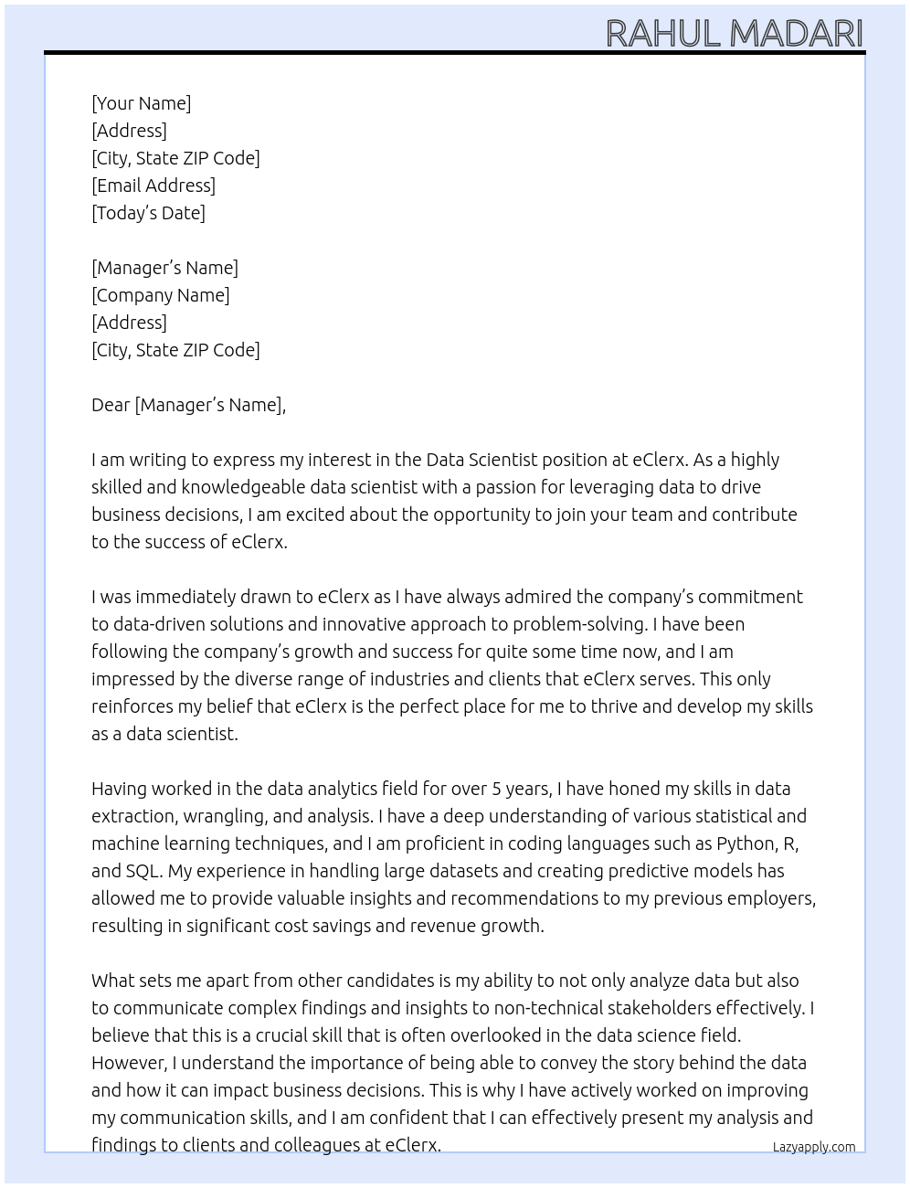 Data scientist At eClerx Cover Letter