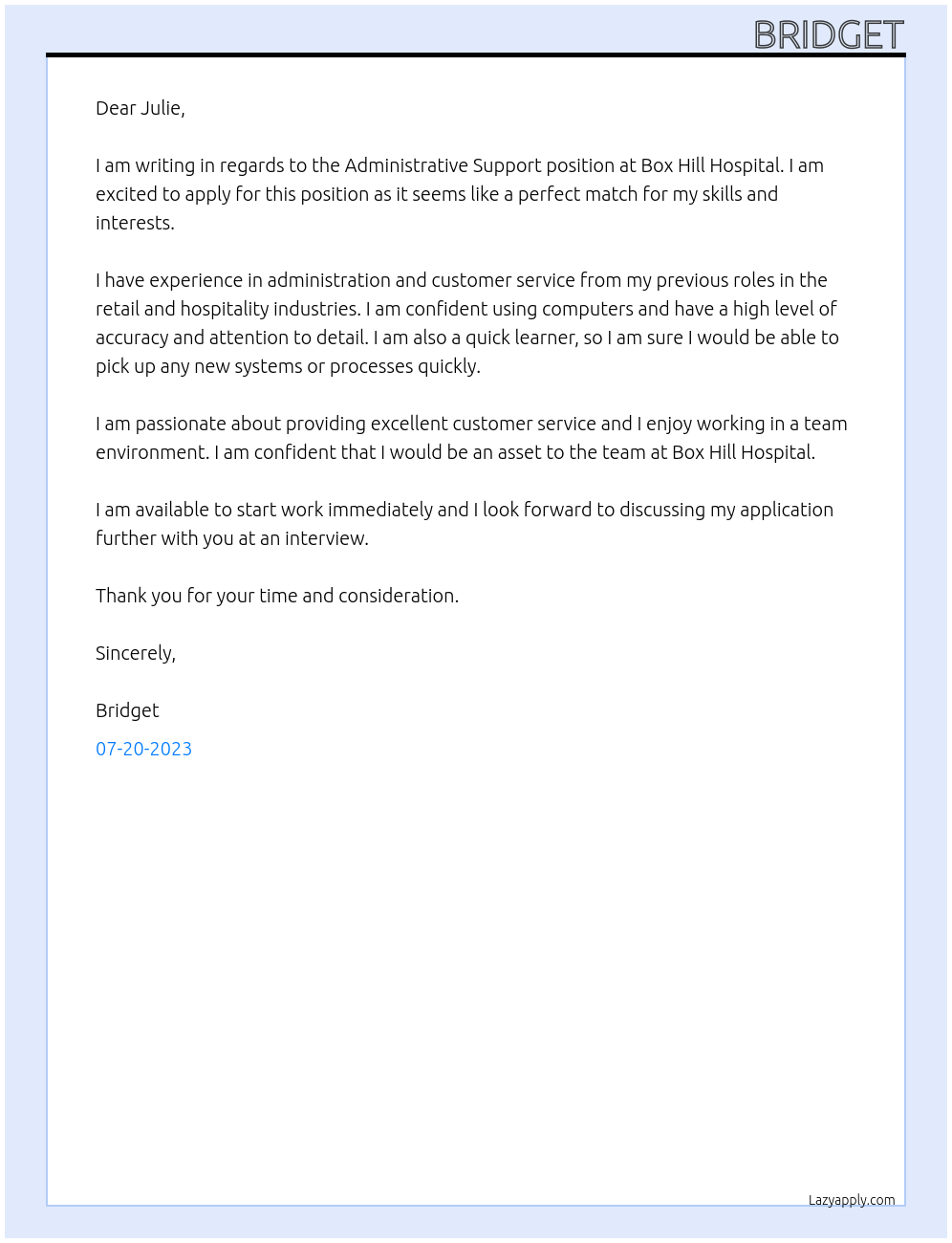 Administrative Support At Box Hill Hospital Cover Letter