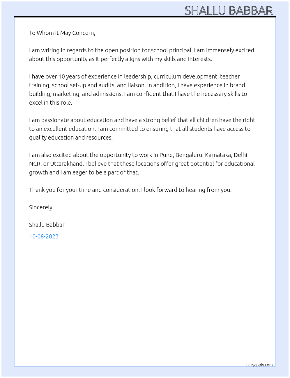 School principal  At School  Cover Letter