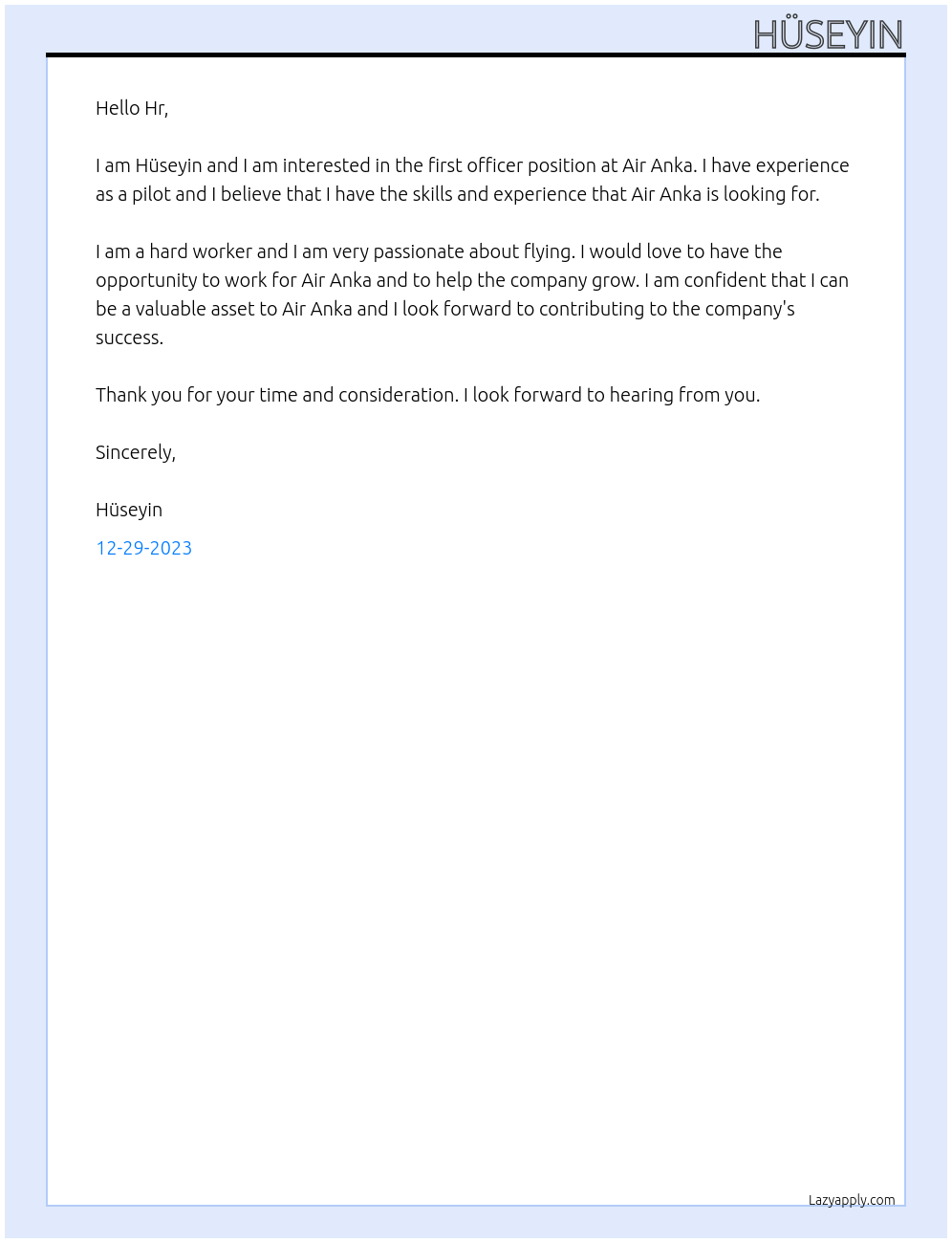 first officer At Air Anka Cover Letter